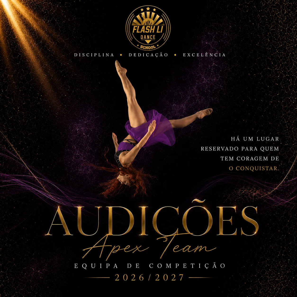 Cartaz da APEX Team: o logótipo com três estrelas e a legenda "a equipa de competição", ao lado de bailarinos em movimento sobre um leque de raios vermelhos.